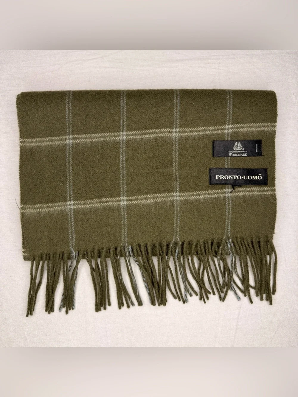 Pronto Uomo 100 Pure New Wool Scarf Olive Green Windowpane Fringe Woolmark